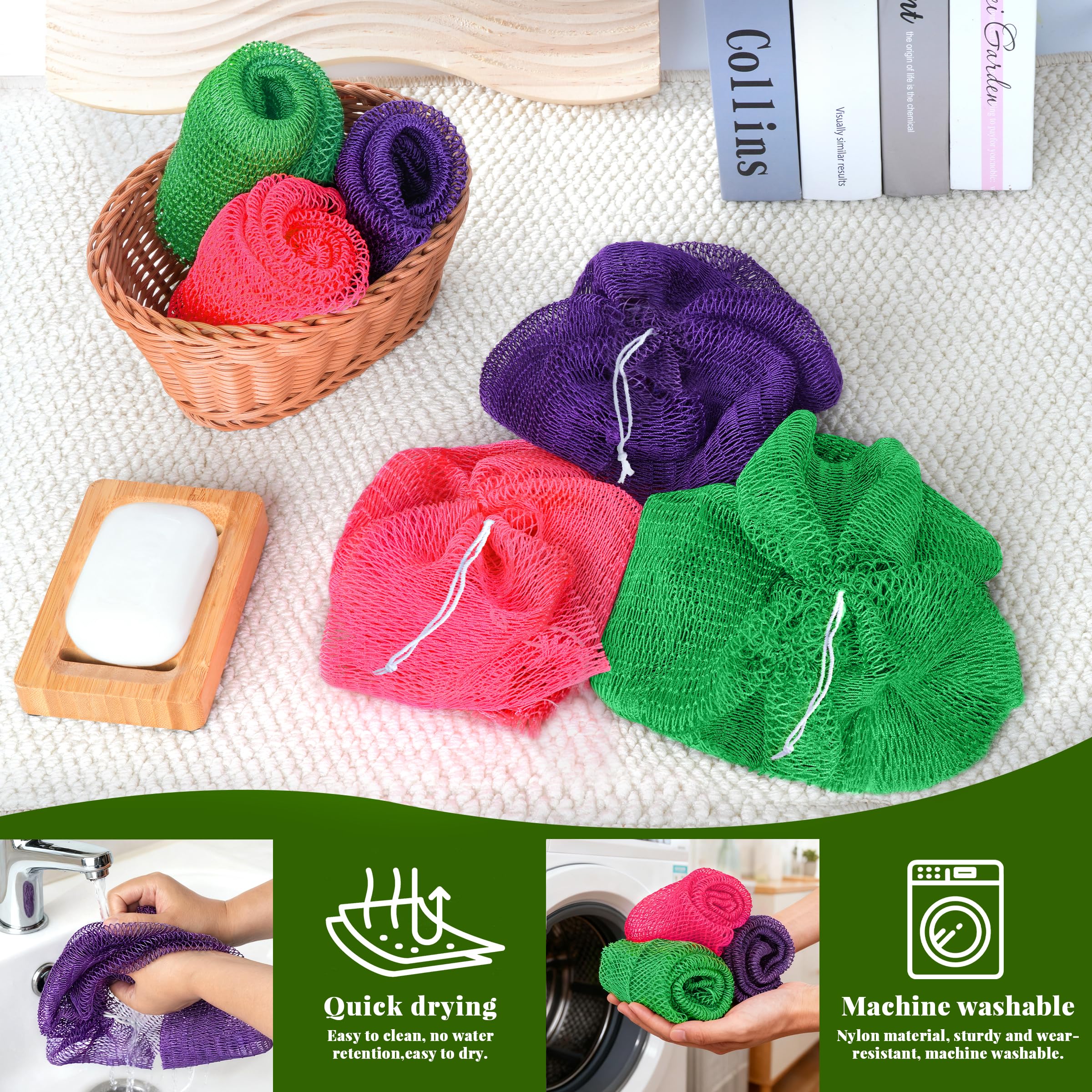 African Net Sponge Authentic, 3 Pieces Exfoliating Scrubber Bath Sponge for All Skin Types, Back Scrubber Loofah Washcloth for Shower, Gentle Exfoliation (Rose Red,Purple,Green)