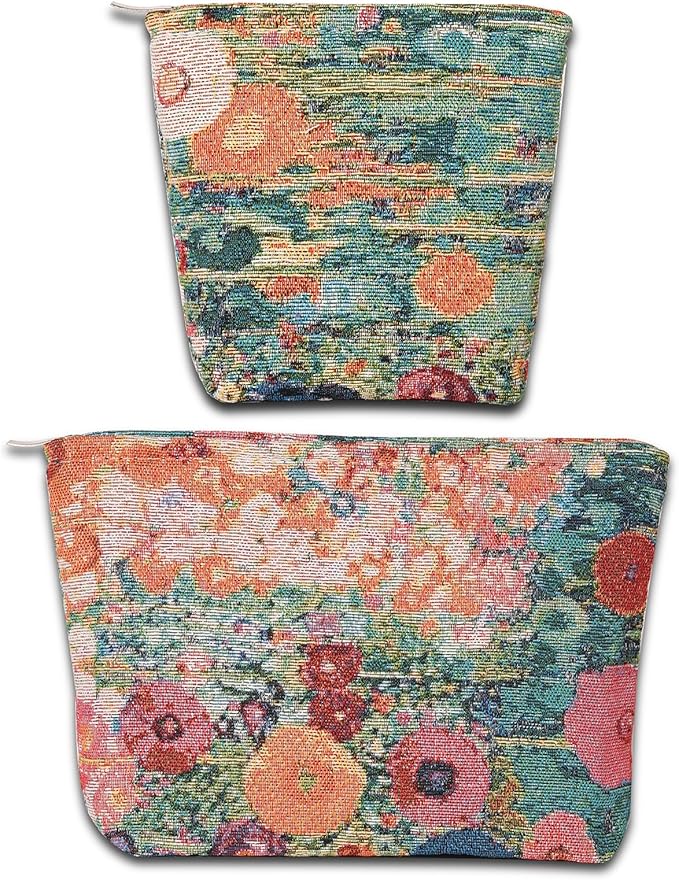 BOCGRPU 2 PCS Makeup Bag Small Cute Cosmetic Bags for Women，Floral Travel Toiletry Bag for Purse, Large Canvas Cosmetic Pouch Makeup Organizer Tool Pouch with Zipper（Oil Painting Garden）