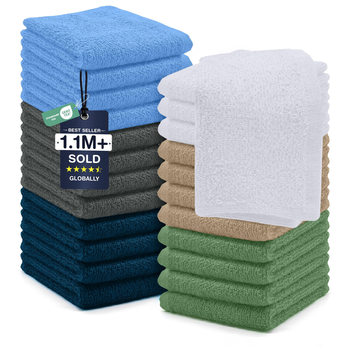 DAN RIVER 24 Pack Cotton Wash Cloths Set for Showering [12x12] Gray