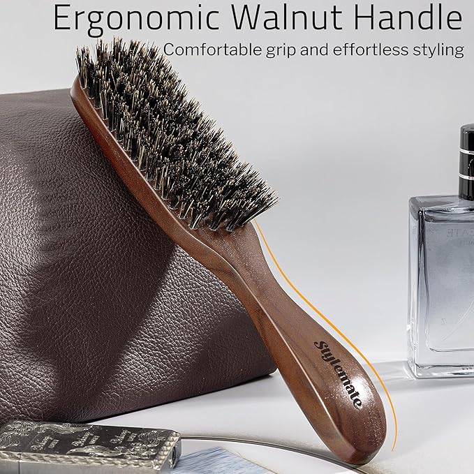 STYLEMATE Boar Bristle Hair Brush for Men, Slick Back Mens Hair Brush with Stiff Bristles for Thick & Fine Hair, Beard Brush with Natural Black Walnut Wooden Handle