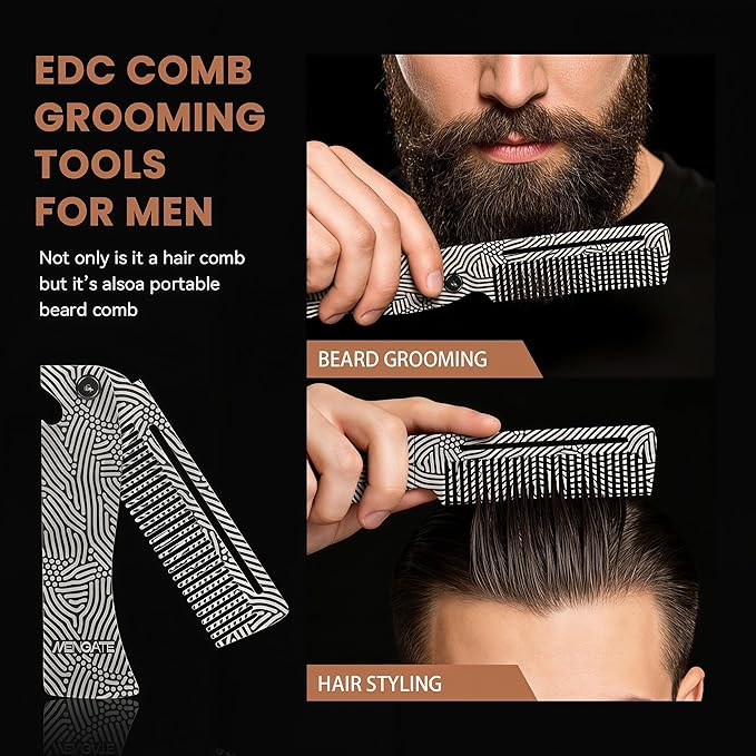 Metal Beard Comb for Men, Folding, 201Steel, Laser Engraved Handle, 0.17lb