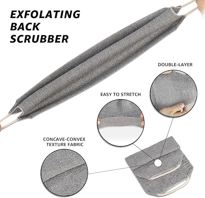 Culture Gifts Extended Exfoliating Back Scrubber with Handles, Nylon Cleaning Exfoliator Washcloth for Body, Stretchable Pull Strap Soft Quick-Drying Rough Scrub Towel, Grey