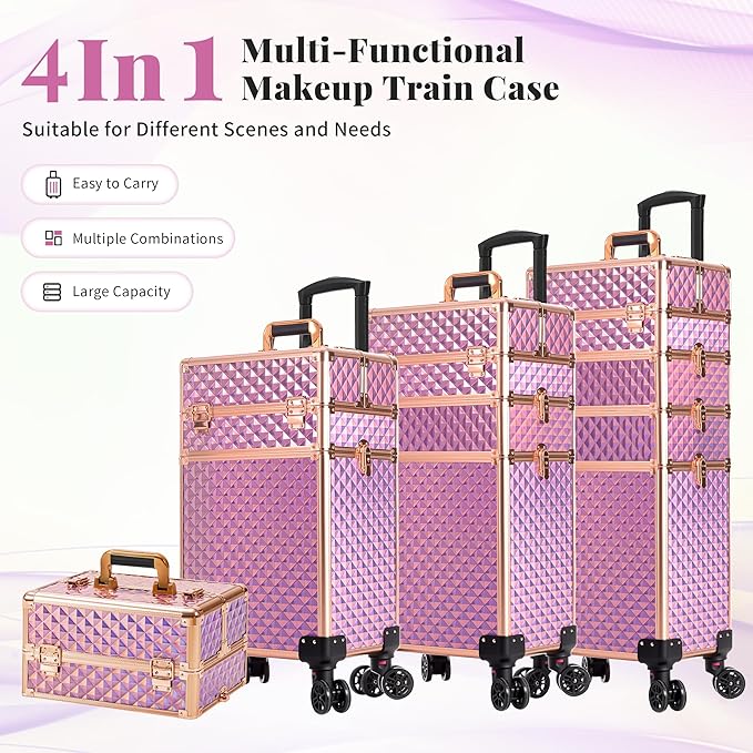 AROUS Rolling Train Makeup Case Cosmetology Case on Wheels, Pink
