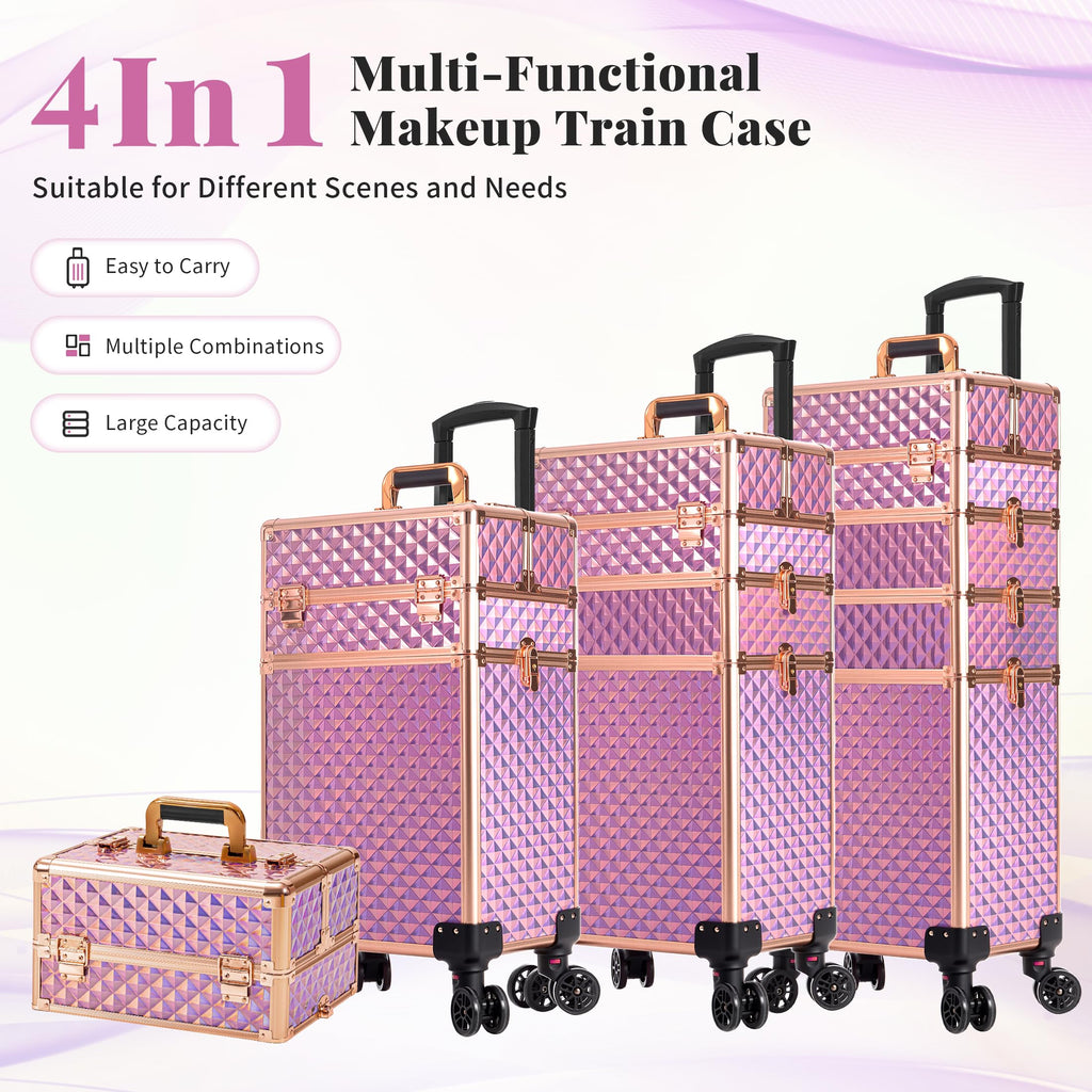 AROUS Rolling Train Makeup Case Cosmetology Case on Wheels, Pink