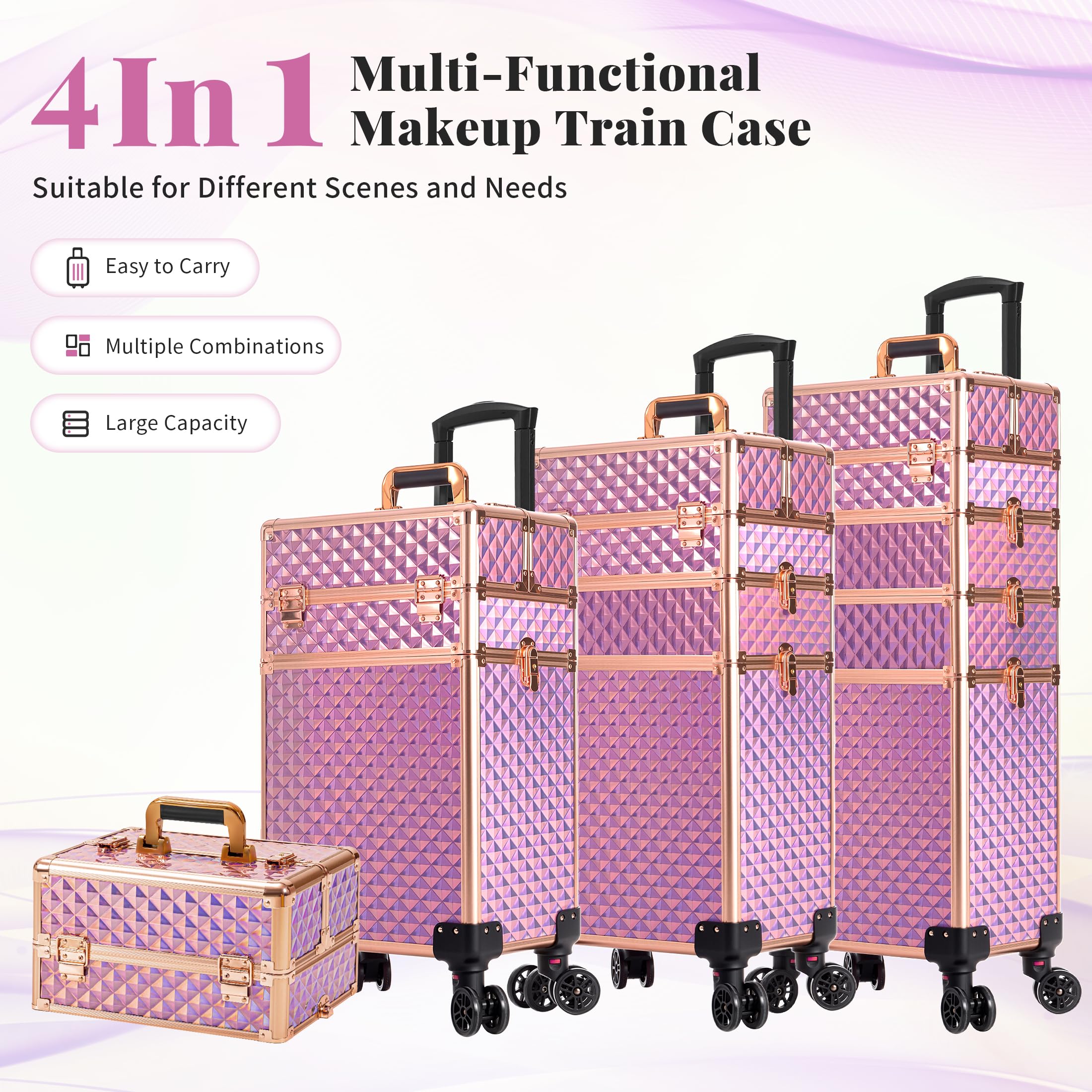 AROUS Rolling Train Makeup Case Cosmetology Case on Wheels, Pink