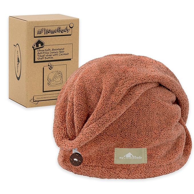 myHomeBody Hair Towel Wrap, Quick Drying Turban, Absorbent Cap – Cinnamon