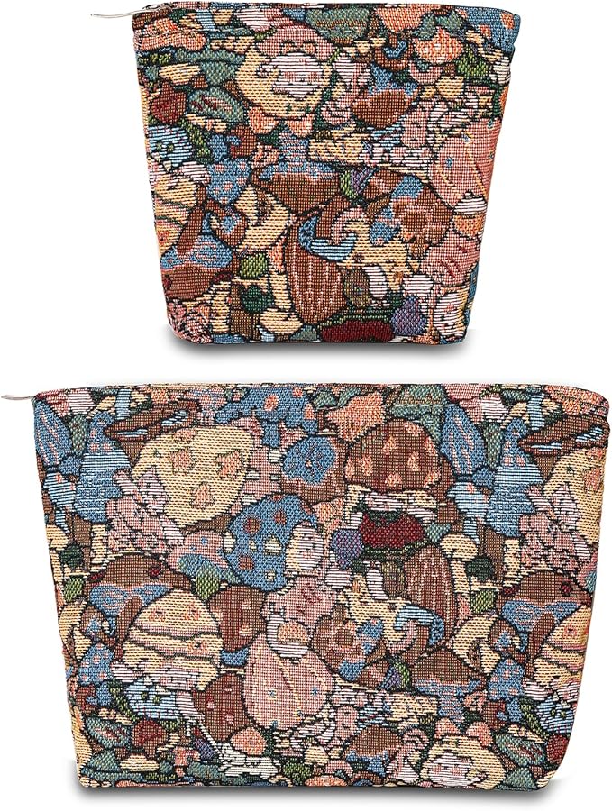 BOCGRPU 2 PCS Makeup Bag Small Cute Cosmetic Bags for Women，Floral Travel Toiletry Bag for Purse, Large Canvas Cosmetic Pouch Makeup Organizer Tool Pouch with Zipper（Fair Tale Forest）