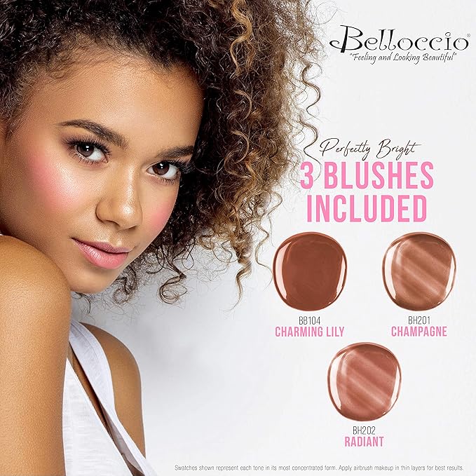 Belloccio Professional Beauty Airbrush Cosmetic Makeup System with 4 Fair Shades of Foundation in 1/4 Ounce Bottles - Kit Includes Blush, Bronzer and Highlighters
