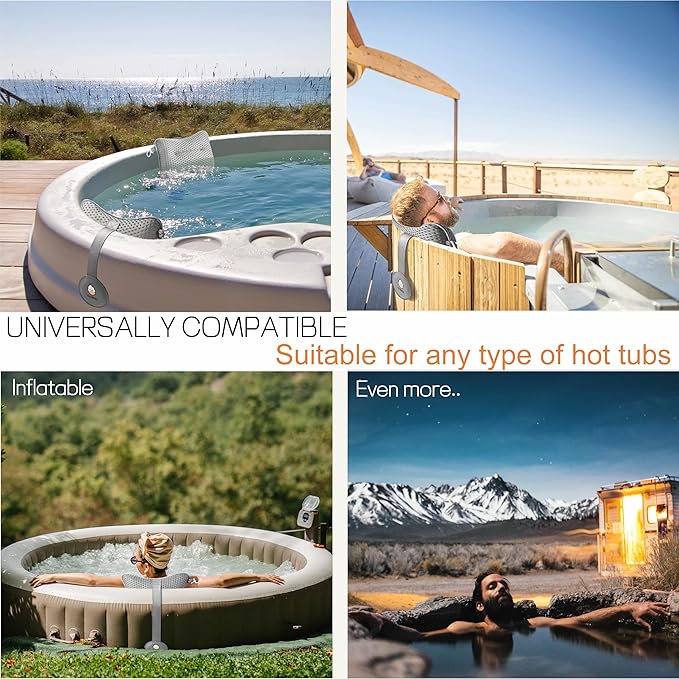 HUGABOW 2-Pack Large Pillow for Hot Tub (Grey), Spa, and Chaise Lounge - Universal Headrest & Neck Support Cushion, Adjustable Height with Long Strap, Easy Drying with Hook