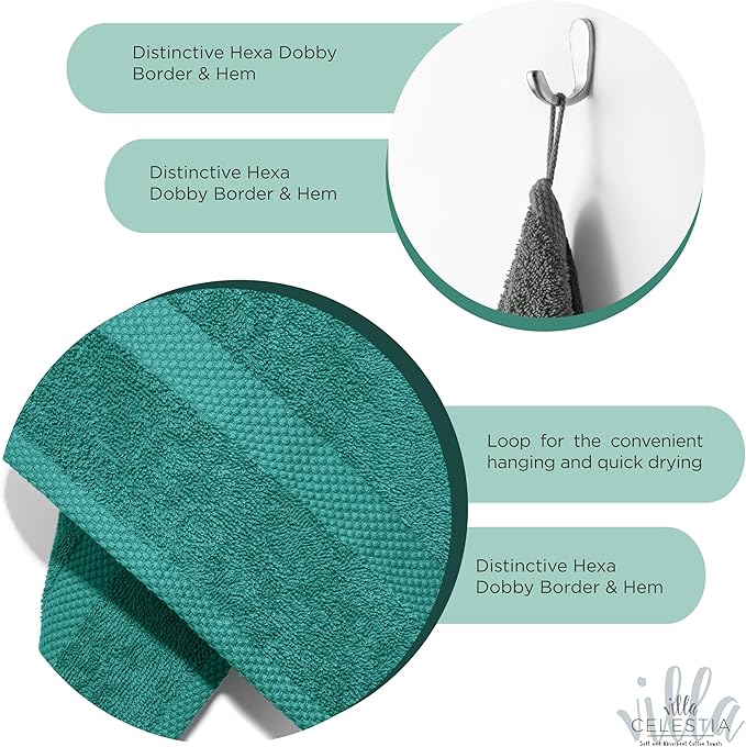 100% Cotton Bath Towel Set of 12-4 Bath Towels, 4 Hand Towels, 4 Wash Cloths, Sustainable, Soft, Highly Absorbent, Combed Cotton 12 Piece Set for Hotels, Spa, Bathroom, Dorm, Teal