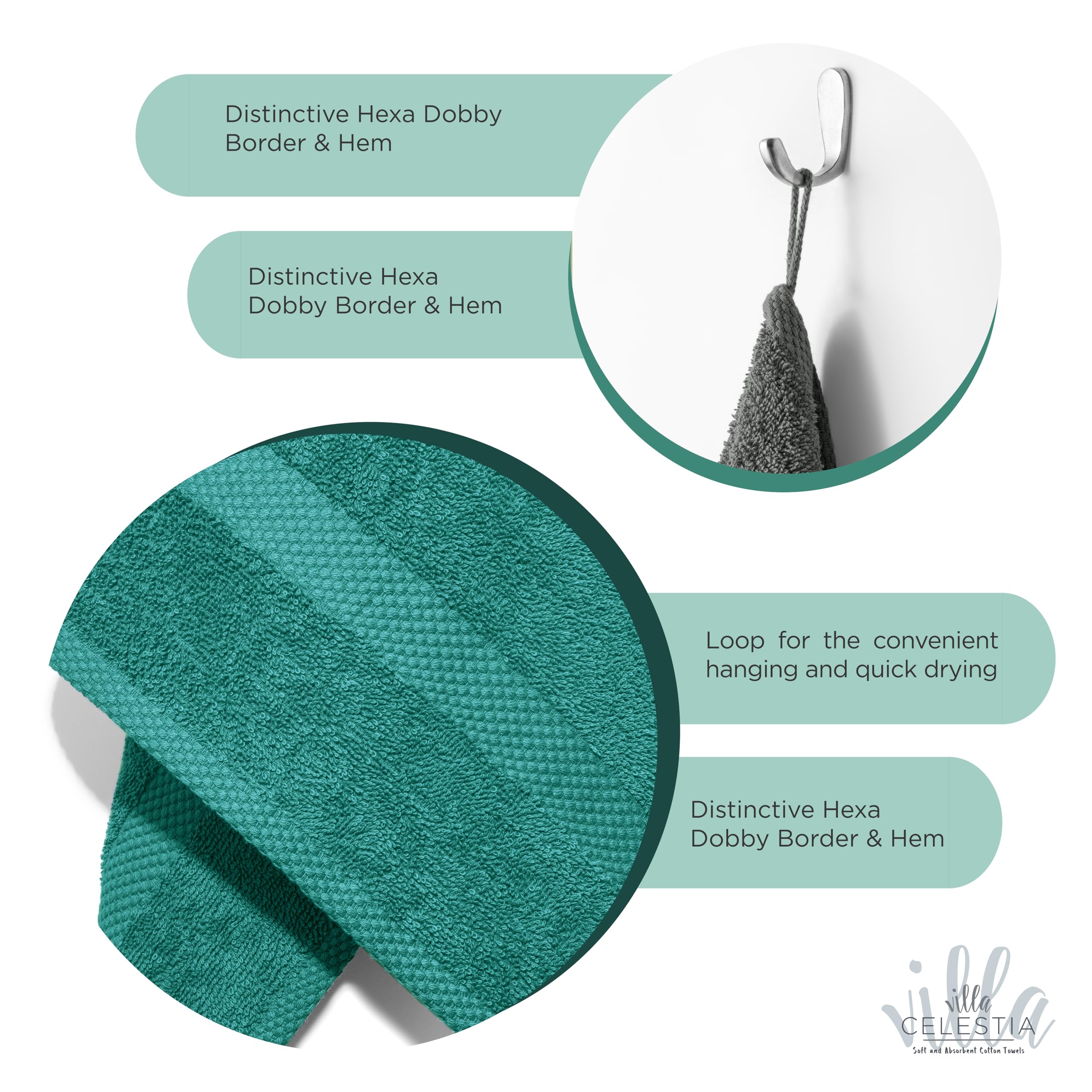 Villa Celestia 12-Piece 100% Cotton Towel Set, 4 Bath Towels, 4 Hand Towels, 4 Wash Cloth, Quick-Dry, Teal