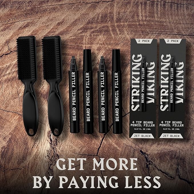 4 Pack Beard Filling Pen Kit with 4 Tips - Waterproof Beard Pencil for Men, Fill, Shape & Define with Brush - Striking Viking (Jet Black)