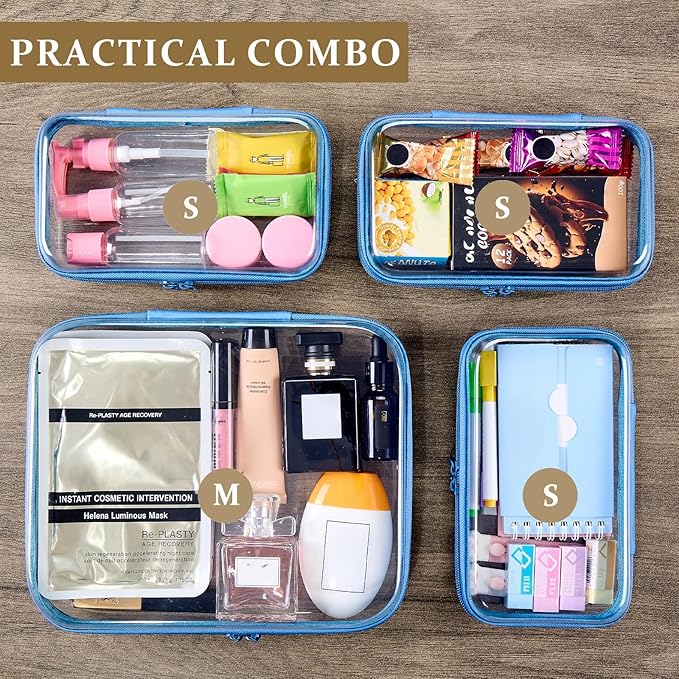 WELPIRT 4 pcs Clear Zipper Pouches,Hard Shell Zipper Case, Toiletry Bag for Travel, CLear Diaper Bag, Toiletry Pouch, Travel Organizer, Cosmetic Bag,Toy Storage Bins (M+3S) (Blue)
