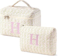 HBselect 2Pcs Initial Quilted Makeup Bag, Pink Cosmetic Travel Toiletry Bag, Flowers Coquette Zipper Make Up Pouch Organizer Teen Girl Gift Trendy Stuff H