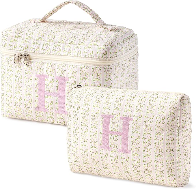 HBselect 2Pcs Initial Quilted Makeup Bag, Pink Cosmetic Travel Toiletry Bag, Flowers Coquette Zipper Make Up Pouch Organizer Teen Girl Gift Trendy Stuff H