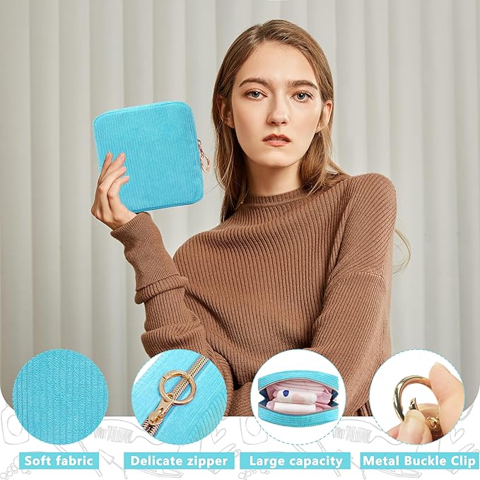 Period Bag for Girls, Corduroy Sanitary Napkin Storage Bag, Period Pouch & Tampon Holder, Feminine Care Organizer（Sky Blue）