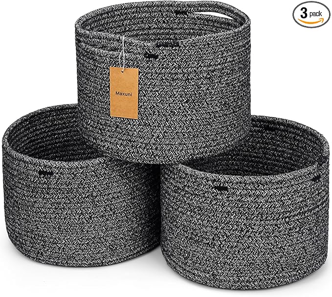 Small Rope Baskets for Storage, Baskets for Gifts Empty, Cute Round Woven Basket, Decorative Shelf Baskets 9.82×9.82×7.1", Cotton Toy Basket Storage Bins for Organizer 3 Packs Black