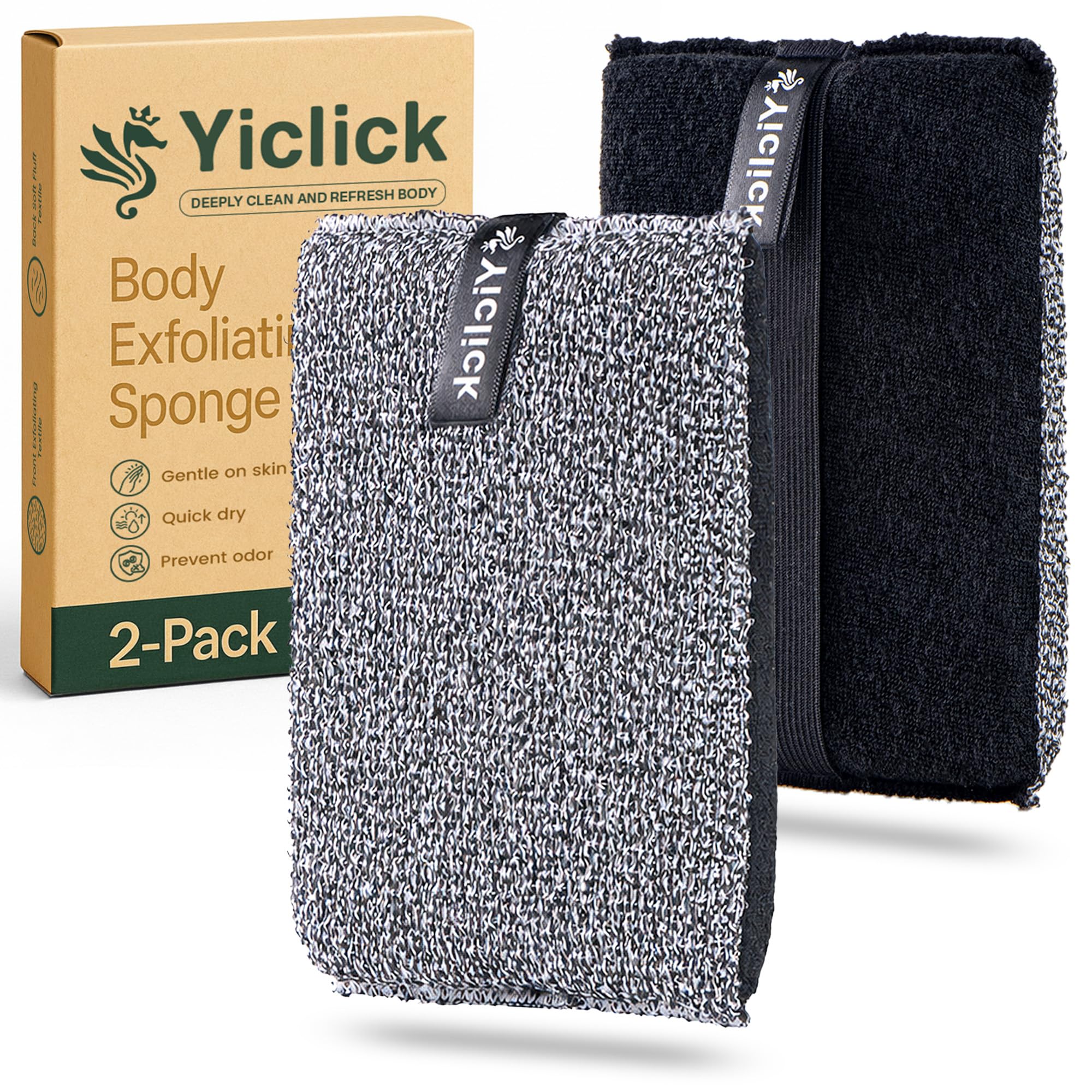 Yiclick Exfoliating Body Scrubber (2 Pack), Body Scrubber Exfoliator, Exfoliating Sponge for Shower Bath, Shower Loofah Luffa Lufa with Handle for Men Women, Dead Skin Exfoliator for Body Scrub