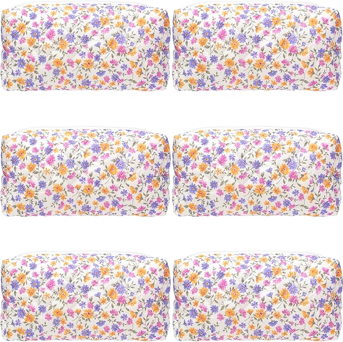 PAZIMIIK Small Quilted Makeup Bag,Zipper Cosmetic Pouch,Ditsy Floral,6 Pack