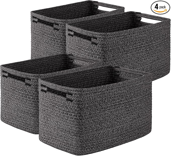 Storage Baskets for Organizing, Woven Decorative Baskets for Shelves - Books, Towels, and Clothes, Cotton Rope Toy Storage Bins, 12.7''Lx9''Wx7.8''H, Pack of 4, Black and White