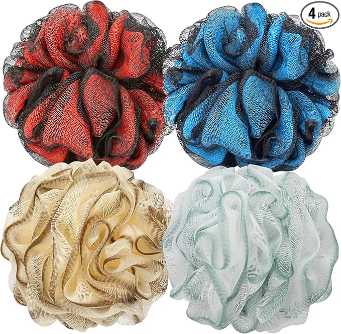 DadyMart Bath Shower Loofah Sponge 60g Bath Mesh Pouf Shower Ball Body Scrubber Exfoliating Bath Sponge for Women and Men, Set of 4, Black (Loofah-Medium
