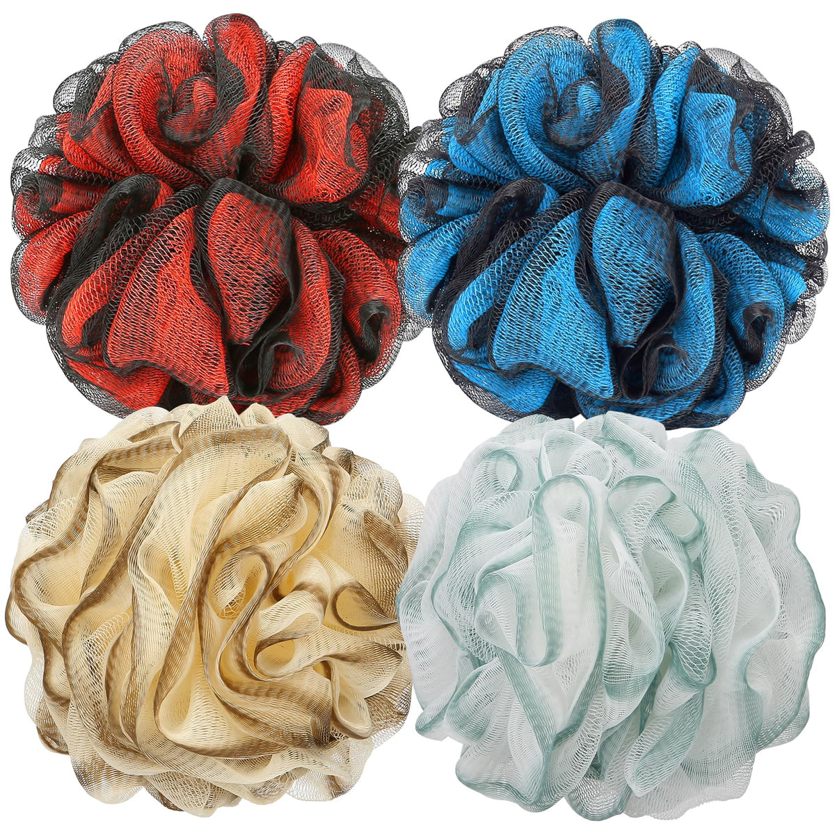 DadyMart Bath Shower Loofah Sponge 60g Bath Mesh Pouf Shower Ball Body Scrubber Exfoliating Bath Sponge for Women and Men, Set of 4, Gold and Grey