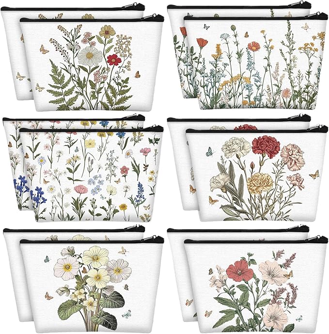 Sweetude 12 Pcs Flower Makeup Bags Bulk Portable Travel Cosmetic Bags with Zipper Wildflower Floral Waterproof Roomy Travel Toiletry Organizer Storage Pouch for Women Birthday Party Gifts