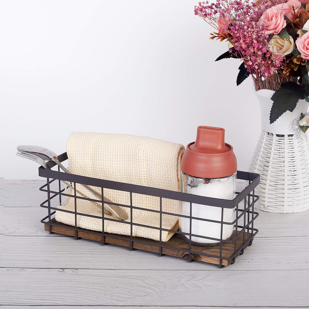 TIEYIPIN Small Metal Wire Storage Basket, Detachable Wood Base Storage Organizer Bin Basket for Kitchen Cabinets, Bathroom, Pantry, Garage, Laundry Room - Brown (2 Pack)