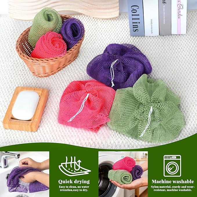 African Net Sponge Authentic, 3 Pieces Exfoliating Scrubber Bath Sponge for All Skin Types, Back Scrubber Loofah Washcloth for Shower, Gentle Exfoliation, Gift 1 Travel Bag (Purple, Pink, Light Green)