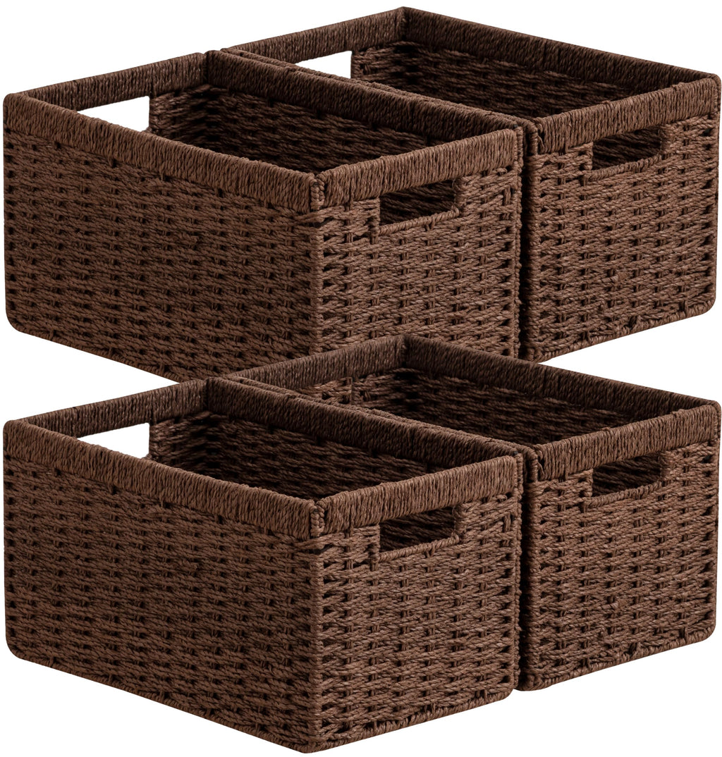 UBBCARE 4 Pack Wicker Basket, 13.4L×8.3H×7.1W inch Woven Paper Rope Storage Baskets for Shelves, Foldable Rectangular Storage Baskets with Handle, Storage Basket for Organizing, Dark Brown