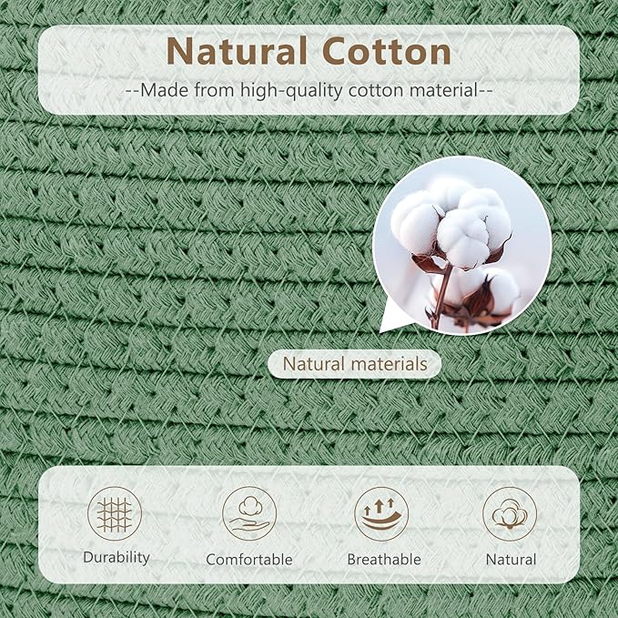 Cotton Rope Storage Basket, 15x10x9 Inches, Woven Basket for Shelves, Clothes, Towels, Books, and Laundry, Green (1 Pack)