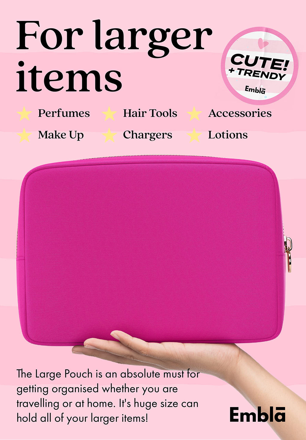 Embla Large Makeup Bag and Waterproof Nylon Travel Toiletry Bag, Large Capacity Cosmetic Zipper Pouch, Fuchsia Pink