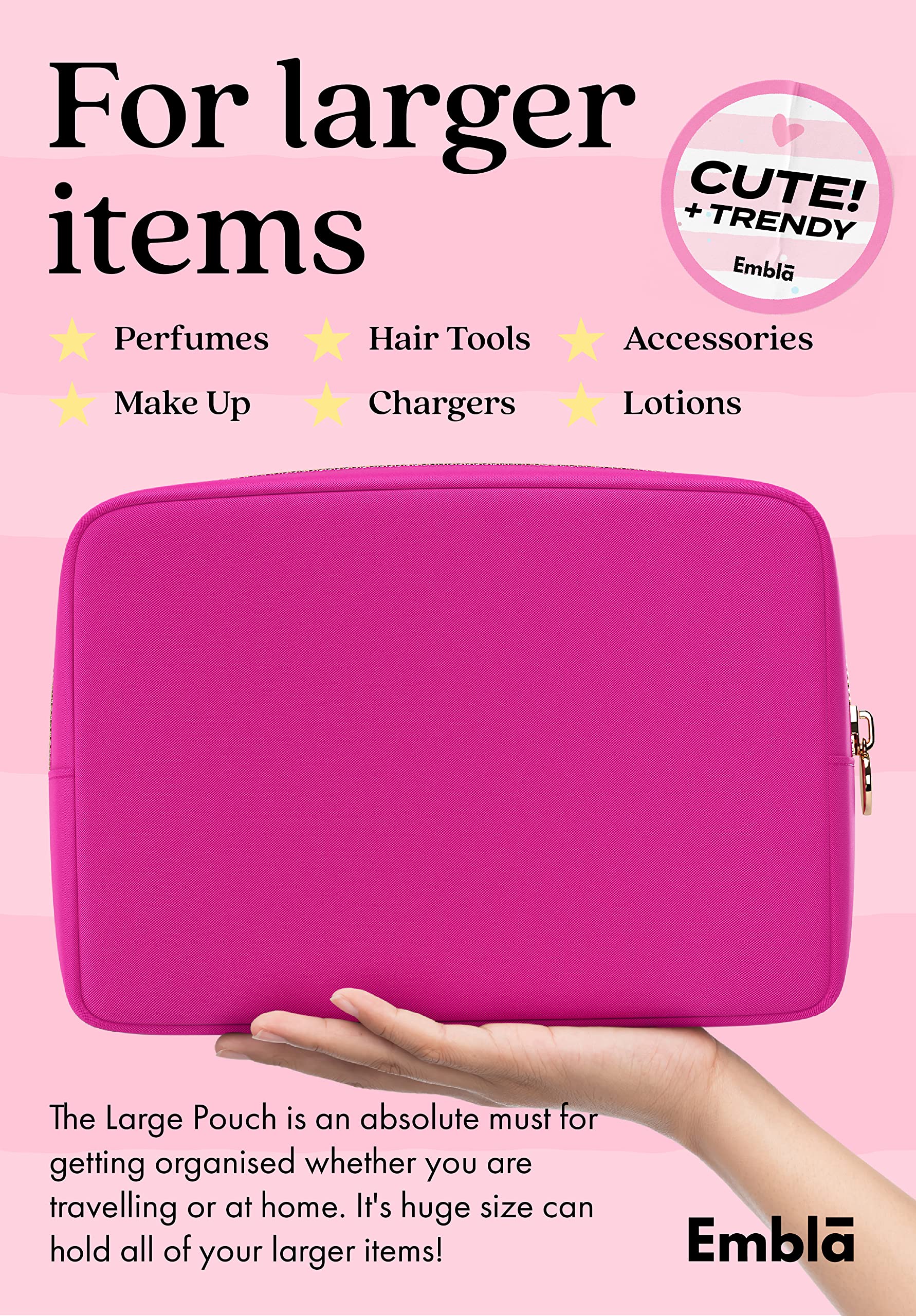 Embla Large Makeup Bag and Waterproof Nylon Travel Toiletry Bag, Large Capacity Cosmetic Zipper Pouch, Fuchsia Pink
