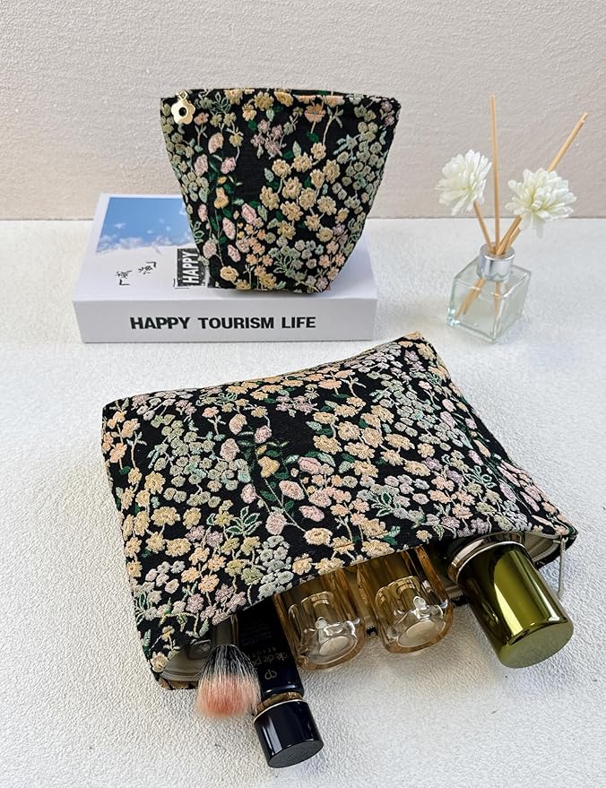 RIKMOXR 2 Pcs Makeup Bags, Large Cosmetic Bag Travel Toiletry Bag Organizer for Women, Embroidery Craft, Floral Makeup Bag Small Cosmetic Pouch Purse with Zipper Gifts for Girls Teen