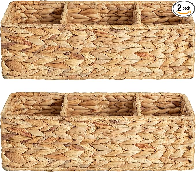 StorageWorks Wicker Basket Tank Topper, Wicker Storage Basket for Shelves, Toilet Paper Basket for Back of Toilet Tank Top, 3-Section Water Hyacinth Storage Baskets, 2-Pack