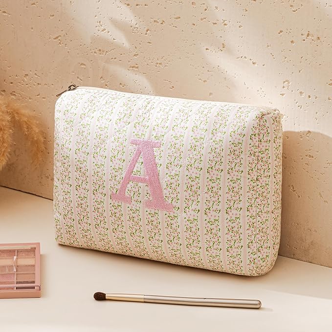 HBselect Initial Quilted Makeup Bag, Pink Cosmetic Travel Toiletry Bag, Flowers Coquette Zipper Make Up Pouch Organizer Teen Girl Gift Trendy Stuff K