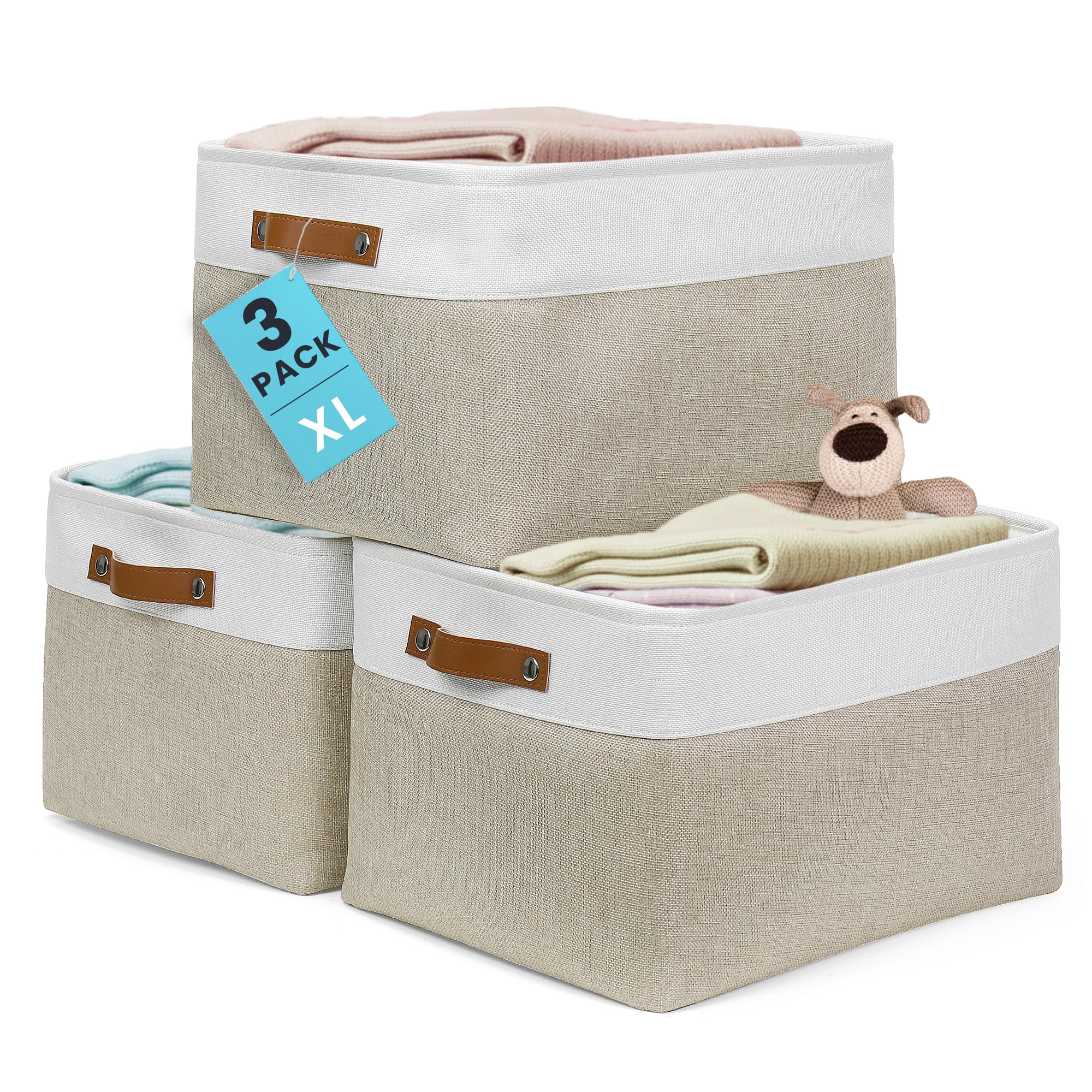 OrganiHaus 16x12.5in Storage Baskets, 3 Pack - Fabric Bins for Shelves