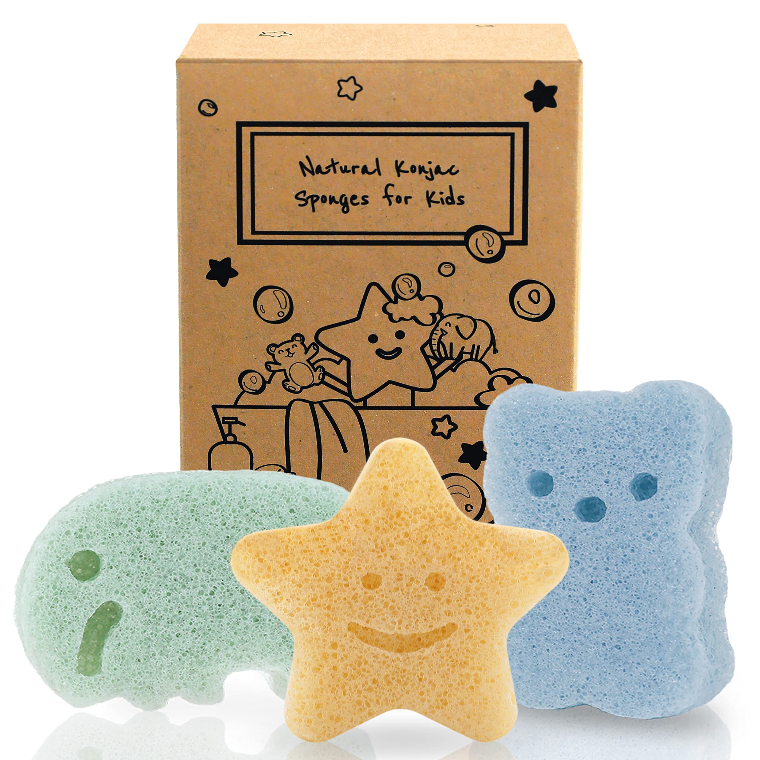 myHomeBody Konjac Sponge, Bath loofah, 3pc, Elephant, Bear & Star