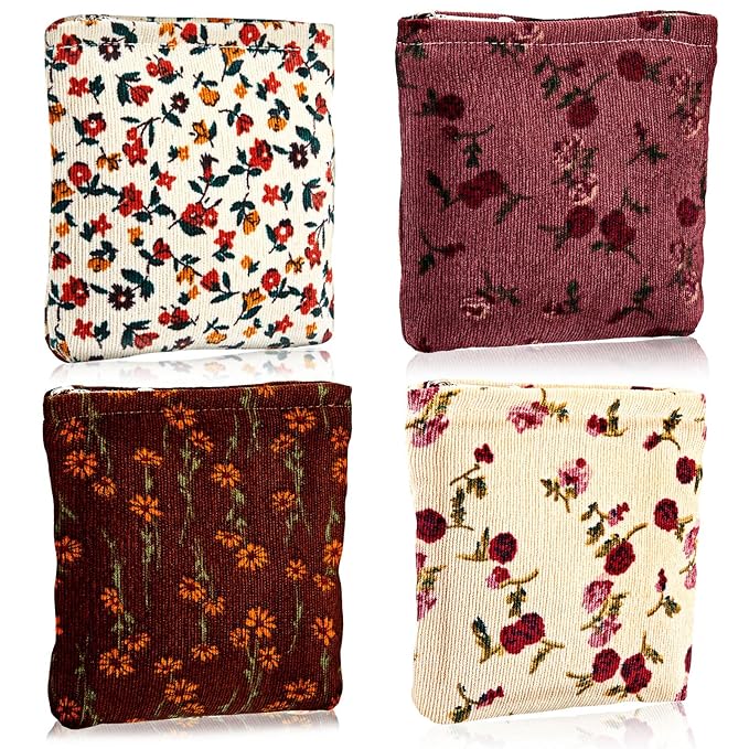 Abbylike 4 Pcs Small Makeup Bag Corduroy Cosmetic Pouch with Zipper Portable Little Bags for Purse Mini Pouch Cute Makeup Purse for Coin Essentials Items Women (Elegant)