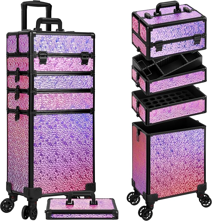 JINGUAN Professional Rolling Makeup Train Case with Lid, 5 in 1 Cosmetology Case on Wheels, Large Cosmetic Trolley Organizer Travel for Hairstylist Artist Nail Beauty Salon Barber, Gravel Pink