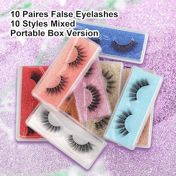 False Eyelashes Wispy 18 mm Natural 3D Faux Mink Lashes Pack 10 Pairs 10 Styles Mixed Soft Reusable Fake Eyelashes Bulk with Glitter Portable Boxes