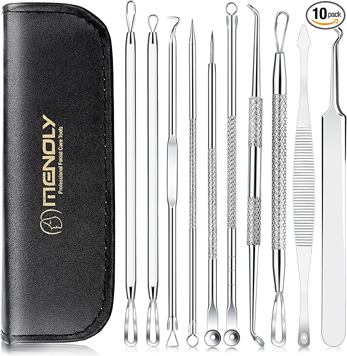 MENOLY Pimple Popper Tool Kit 10 Pcs Blackhead Remover Tool Zit Popper for Blemish, Pimple Comedone Extractor Acne Tool for Blackheads, Acnes, Whiteheads Nose Face with Leather Bag