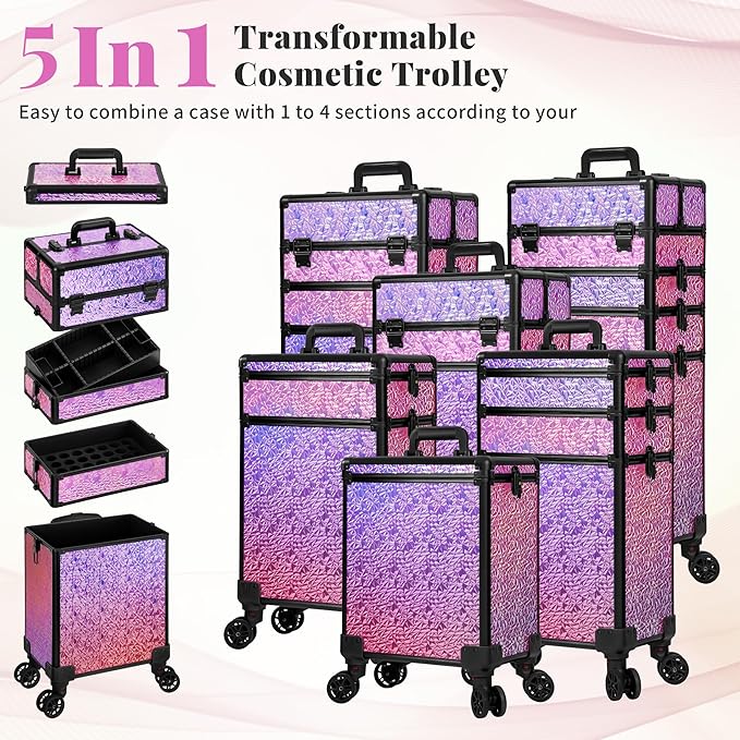 JINGUAN Professional Rolling Makeup Train Case with Lid, 5 in 1 Cosmetology Case on Wheels, Large Cosmetic Trolley Organizer Travel for Hairstylist Artist Nail Beauty Salon Barber, Gravel Pink
