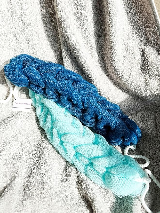 Long Stretch Back Sponge with Rope Handles Back Scrubber Bath Shower Mesh Sponge Exfoliating Body Scrub Stretch Braided Loofah for Men and Women(2-Pack,Blue Green)