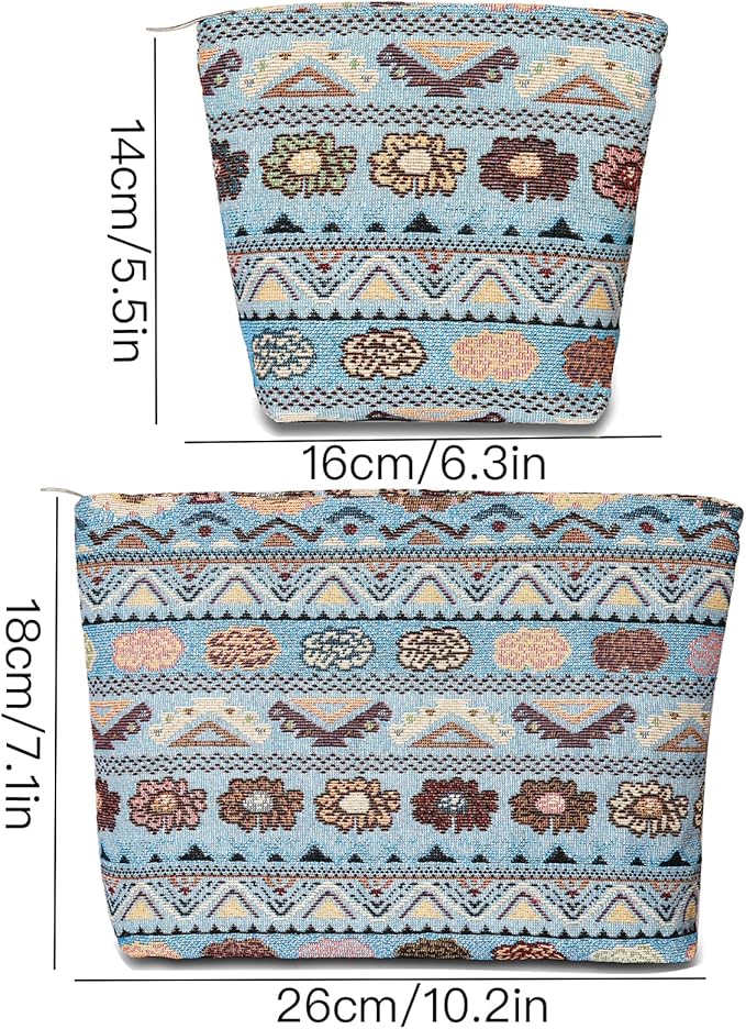 BOCGRPU 2 PCS Bohemian Makeup Bag Small Cute Cosmetic Bags for Women，Floral Travel Toiletry Bag for Purse, Large Canvas Cosmetic Pouch Makeup Organizer Tool Pouch with Zipper（Bohemian Blue）