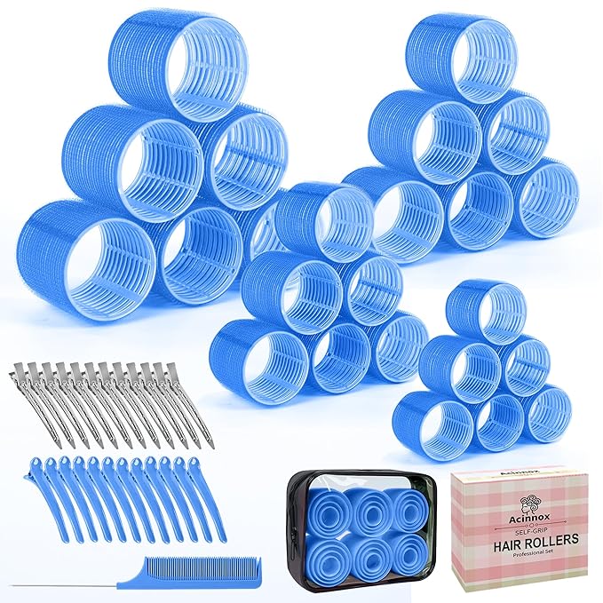 4 Sizes Self-Grip Hair Rollers Set with Clips - 4 Sizes for Long, Short Hair & Bangs (25mm, 36mm, 48mm, 60mm), (Blue, 4 Sizes)