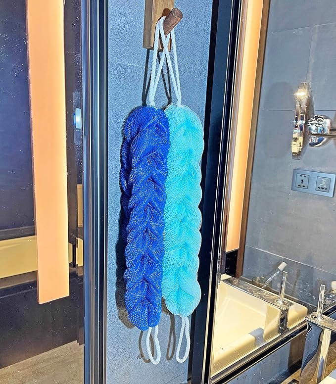 Long Stretch Back Sponge with Rope Handles Back Scrubber Bath Shower Mesh Sponge Exfoliating Body Scrub Stretch Braided Loofah for Men and Women(2-Pack,Blue Green)