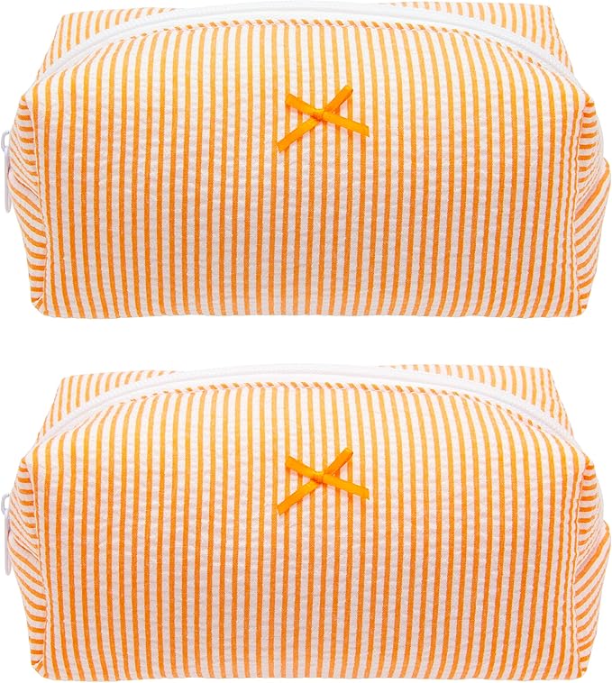 Cozy Makeup Bag for Women,Zipper Cosmetic Pouch,Stripe Orange,2 Pack