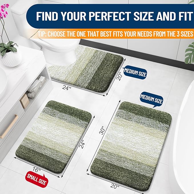 OLANLY Bathroom Rug Set 2 Piece, Soft Absorbent Microfiber Bath Rug Set, Non-Slip, Machine Wash Dry, Plush Shaggy Bath Mats for Bathroom (30"x20"+24"x16", Dark Green)
