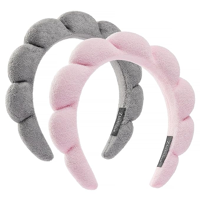 Ztomine Spa Terry Cloth Headband Combo Pack - 2 Puffy Makeup Headbands for Facial Care, Face Washing, and Mask Application (Pink + Grey)